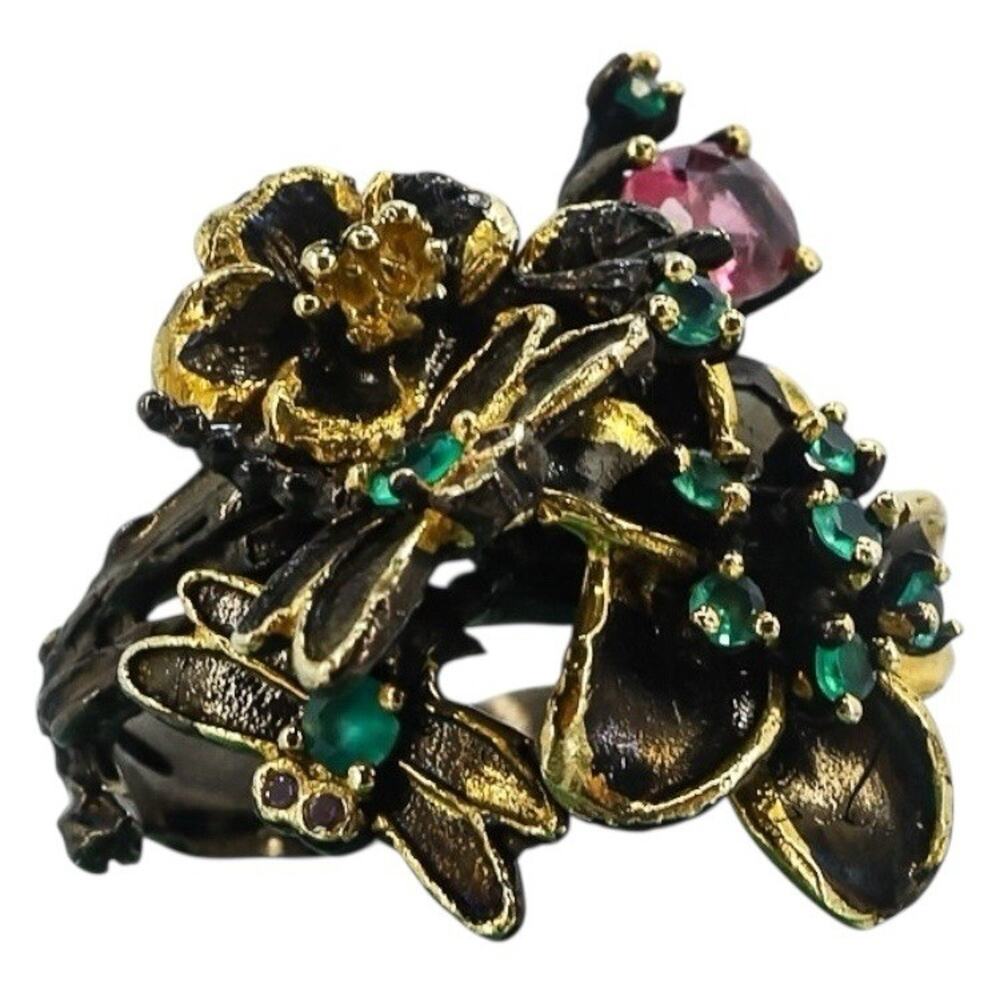 Whimsical Sterling Silver Vermeil Garden Ring Dragonflies Green Pink Stones 8.5